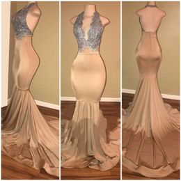 Sexy Halter Lace Long Prom Dresses Mermaid Backless Prom Gowns Deep V-neck Backless Evening Party Dresses Vestido De Festa 285c