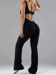 Women's Jumpsuits Rompers Hollow out Beauty Back Yoga Women wide-leg Peach Butt Running Fitness Yoga Bodysuit Sexy Backless Jumpsuits d240507