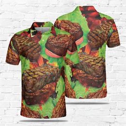 Men's Polos Grilled Food Graphic Polo Shirts For Men Clothes Harajuku Fashion Short Sleeve Hip Hop Barbeque Shirt BBQ Pig Meat Tee Tops