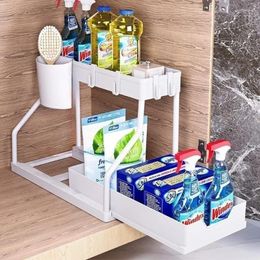 Kitchen Storage Pull Out Cabinet Organiser Slide Sink Shelf Under 2 Layer Multifunctional Drawer Desktop Rack