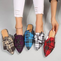Slippers Bow Tie Elegant Sandals Woman Luxury Pointed Tip Ladies Shoes Sale Lattice Women's Mules Sandal Female Slipper