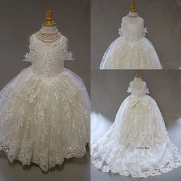 Modest Ball Gown Flower Girl Sweetheart Sleeveless Tulle Lace Applique Ruched Wedding Dress Sweep Train Girl's Birthday Part 0508