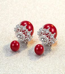 S925 Sterling Silver Stud Earrings Luxury Pearl Lace Crystal Double Side OL Love Designer Ear Rings Earring Earing Jewelry9772667