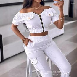 Women's Two Piece Pants 2024 Spring Summer Clothing White Off-Shoulder Short Sleeve Patch Pocket Top Suit Casual Trousers Set