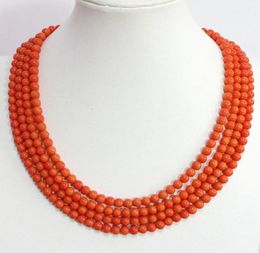 European pink orange 4 rows 6mm round beads artificial coral chain high grade necklace Jewellery 1720inch B14523254419