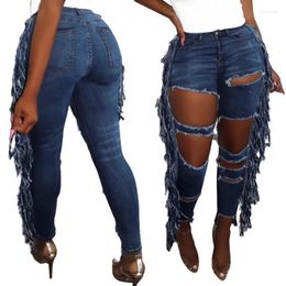 Women's Jeans Women Sexy Hollow Out Skinny Ripped Fashion Side Tassel Patchwork Mid Waist Distressed Mujer Pantalones Streetwear