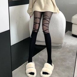 Women Socks Sexy Black Cross Bandage Bow Stockings Splicing Mid-calf Mesh Hollow Out Bowknot Pantyhose Fishnet Tights