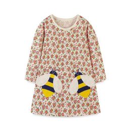 Sukienki dziewczynki Jump Miernik 2-7t Długie rękawowe haft pszczoły Księżniczka Dress Floral Print Dziecięcy Ubrania Dziecięce urodziny Partyl240508