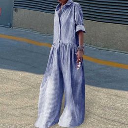 Women's Jumpsuits Rompers Women Jumpsuit Cheque Print Colour Matching Long Sle Turn-down Collar Wide Leg Half Single-breasted Deep Crotch Casual Loose Lo d240507