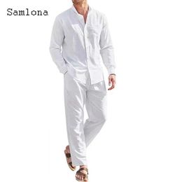 Men's Tracksuits Mens casual linen two-piece set 2023 European style retro basic top and solid pants setL2405