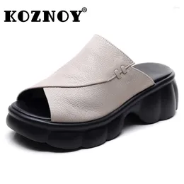 Slippers Koznoy 6cm Cow Genuine Leather Summer Flats Slip On Rubber Comfy Women Peep Toe Good Slipper Flexible Platform Lightweight Shoes