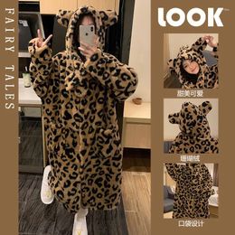 Women's Sleepwear 2024 Winter Plush Coral Velvet Pyjamas Women Hooded Leopard Robe Home Wear