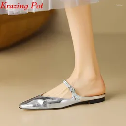 Slippers Krazing Pot Cow Leather Round Toe Flat With Dating Office Lady Summer Mules Slip On Solid Women Beauty Outside