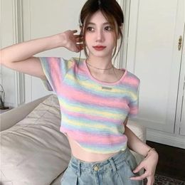 Women's T Shirts Striped Women Shirt Korean Style Crop Top Summer Short Sleeve Tee Colorful Tshirts Femme Slim Y2k Fashion Ladies Clothing