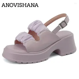 Dress Shoes ANOVISHANA Design Female Sandals Thick Heel Platform Back Strap 33 Big Size 42 43 Soft Fashion Daily Spring Purple Color