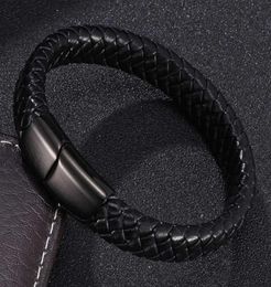 Men Fashion Jewelry Black Braided Leather Bracelet Stainless Steel Magnetic Clasp Weave Bangles Gifts pulsera hombre6387049