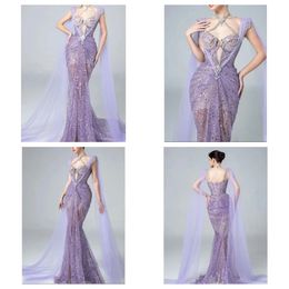 Dresses Purple Crystal Evening Dress New 2024 Lace Beaded Mermaid Sequined Prom Formal Gowns Hang Neck Shiny Gown Robe De Otbde