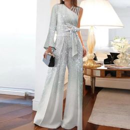 Women's Two Piece Pants Classic Skin-touching Long Sleeve All Match One Shoulder Top Patchwork Shiny Set Casual Outfit Floor-Length