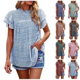 Women's T Shirts Daily Polka Dot Loose Round Neck Ruffle Sleeve Buckle Chiffon Top Clothing Sale Cropped For Women