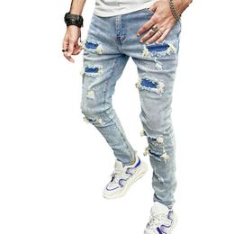 Men's Jeans Spring Stylish Men Hip Hop Holes Patch Skinny Jeans For Mens Distressed Cotton Jogging Male Denim Pants Y240507