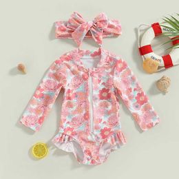 Pieces infantil criança bebê menina de 1 peças de maiô floral/flamingo com zíper de manga longa com roupas de banho com babados de banheira H240508