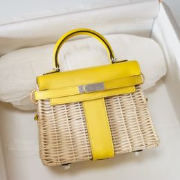 12A Mirror quality luxury Classic Designer Bag woman 's handbag bag all handmade genuine leather Patchwork Bamboo and Rattan Bag 20cm yellow colour clash Shoulder bag