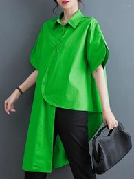 Women's Blouses Summer Green Vintage Irregular Shirt Women Single Breasted Lapel Short Sleeve Loose Casual Blouse Top Fashion Clothing L302