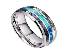 8MM Wide Inlaid Shells Blue Opal Tungsten Steel Rings Never Fade Engagement Band Ring Men039s Jewellery Size 6131585621