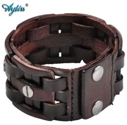 Ayliss 85quot 9quotinches BlackCoffee Colour Leather Bracelets Rock Punk Wide Cuff Bracelet Screw bangle for Men Jewellery Acc1000772