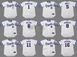 Kansas City 1 BUDDY BIANCALANA 8 JIM SUNDBERG 6 WILLIE WILSON 16 BO JACKSON 11 HAL McRAE 5 GEORGE BRETT baseball jersey stitched