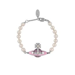 Designer Westwood Enamel Full Diamond Saturn Pearl Bracelet Womens Classic Pink