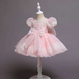 Christening dresses Puff sleeves embroidered big bow baby shower dress pearl princess childrens clothing newborn vest 1 3 6Y Q240507