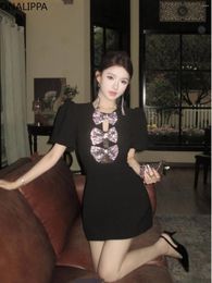 Party Dresses Onalippa Bows Cut Out Black Hip Dress Puff Short Sleeves High Street Sexy Mini Korean Vintage A Line Vestidos