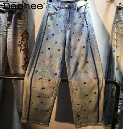 Women's Jeans Heavy Industry Colour Diamond High Waist Blue Straight Denim Pants Women Loose Oversized Baggy Spring Summer Trousers