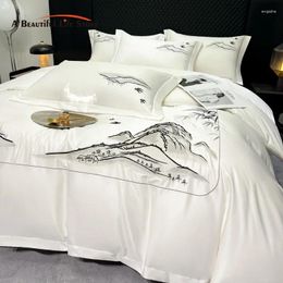 Bedding Sets Chinese Style Ink Painting Embroidery Double Sided Ice Silk Cool Feeling Set Duvet Cover Bed Sheet Pillowcases