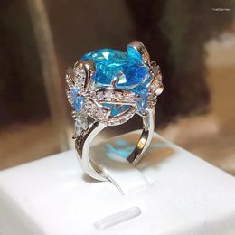 Cluster Rings Fashion Shiny Light Blue Zircon Flower Ring Women 925 Stamp Exaggerated Geometric Large Party Birthday Gift