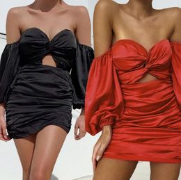 Women Summer Bodycon Short Dress Bowknot Off Shoulder Slim Elastic Waist Half Flare Sleeve Middle Dress ZY21795630798