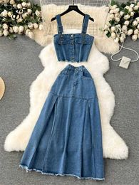 Two Piece Dress SINGREINY Korean Style INS Denim Suits Straps Cropped Tops+Long Pleated A Line Skirt Women Fashion Strtwear Two Pieces Sets Y240508