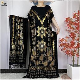 Ethnic Clothing Est Muslim Summer Abaya Dress Short Sleeve Cotton Loose Fashion Robe With Big Scarf Gold Stamping Maxi Islam African