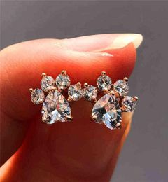 Female White Blue Opal Stone Stud Earrings Rose Gold Wedding Jewelry Boho Small Dog Cat Paw Claw for Women2666134