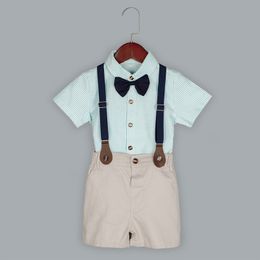 Boys suit summer handsome short-sleeved shirt backpack trousers four-piece set (shirt + trousers + backpack + bow tie)