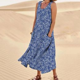 Casual Dresses Women's Summer Cotton And Round Neck Sleeveless Pocket Retro Floral Breathable Dress Long Womens For Beach