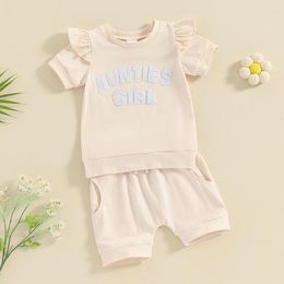 Clothing Sets Auntie S Girl Baby Clothes Toddler Short Sleeve Letter Embroidery T Shirt Drawstring Shorts Set Cute Summer Outfit