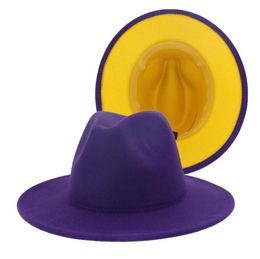 Purple Yellow Patchwork Unisex Panama Wool Felt Fedora Hats with Belt Buckle Women Men Wide Brim Party Trilby Gambler Hat8254304