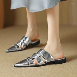 Slippers 2024 Summer Women Genuine Leather Shoes For Pointed Toe Low Heel Mules Elegant Sandals Slides Sliver