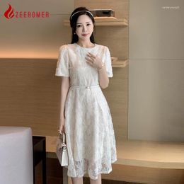 Party Dresses 2024 Temperament Elegant Solid 3D Flower Embroidery Lace A-line Princess Dress Women High Quality Fashion Evening Belt