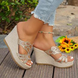 Slippers Woman Shoes Ladies Summer Rhinestone Bright Leather Thick Bottom Large Size Slope Heel Sandalias De Plataforma Para Mujer