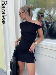 Party Dresses 2024 Sexy Black Drawstring Bodycon Mini Dress Summer Oblique Shoulder Knit Club