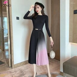 Casual Dresses 2024 Elegant Knitted Patchwork Gradient Pink Pleated Dress Women Long Sleeve Sweater Office One-Piece Midi With Belt