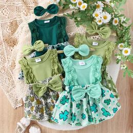Rompers Infant Baby Girl St. Patrick s Day Outfits Lace Sleeve Irish Romper 1Piece Bodysuit our Leaf Clover Plaid Romper Bow Headband H240508